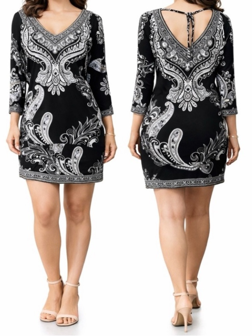 White House Black Market Black & White Paisley V-Neck Tunic/Dress